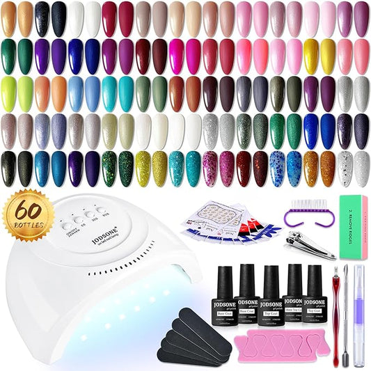JODSONE 60 PCS Gel Nail Polish Starter Kit With U V Light 55 Kinds Of Color Glitter Gel Polish No Wipe Base And Glossy Matte Top Coat Easy To Apply-Velvo Beauty