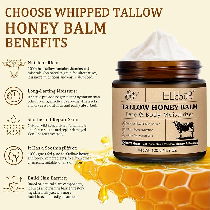 Whipped Tallow Cream for Face & Body - 100% Grass-Fed Beef Tallow, Natural Honey & Beeswax Moisturizer, Deep Hydration & Nourishment, Oil-Free & Unscented, Fast Absorbing-Velvo Beauty