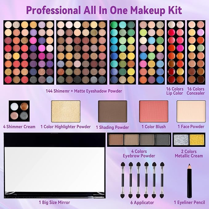 Women Makeup Sets Full Kits - 190 Colors Cosmetic Make Up Gifts Combination with Eyeshadow Facial Blusher Eyebrow Powder Face Concealer Powder Eyeliner Pencil Lip Colors with Full Size Mirror All-in-One Makeup Palette Kit (SET B)-Velvo Beauty