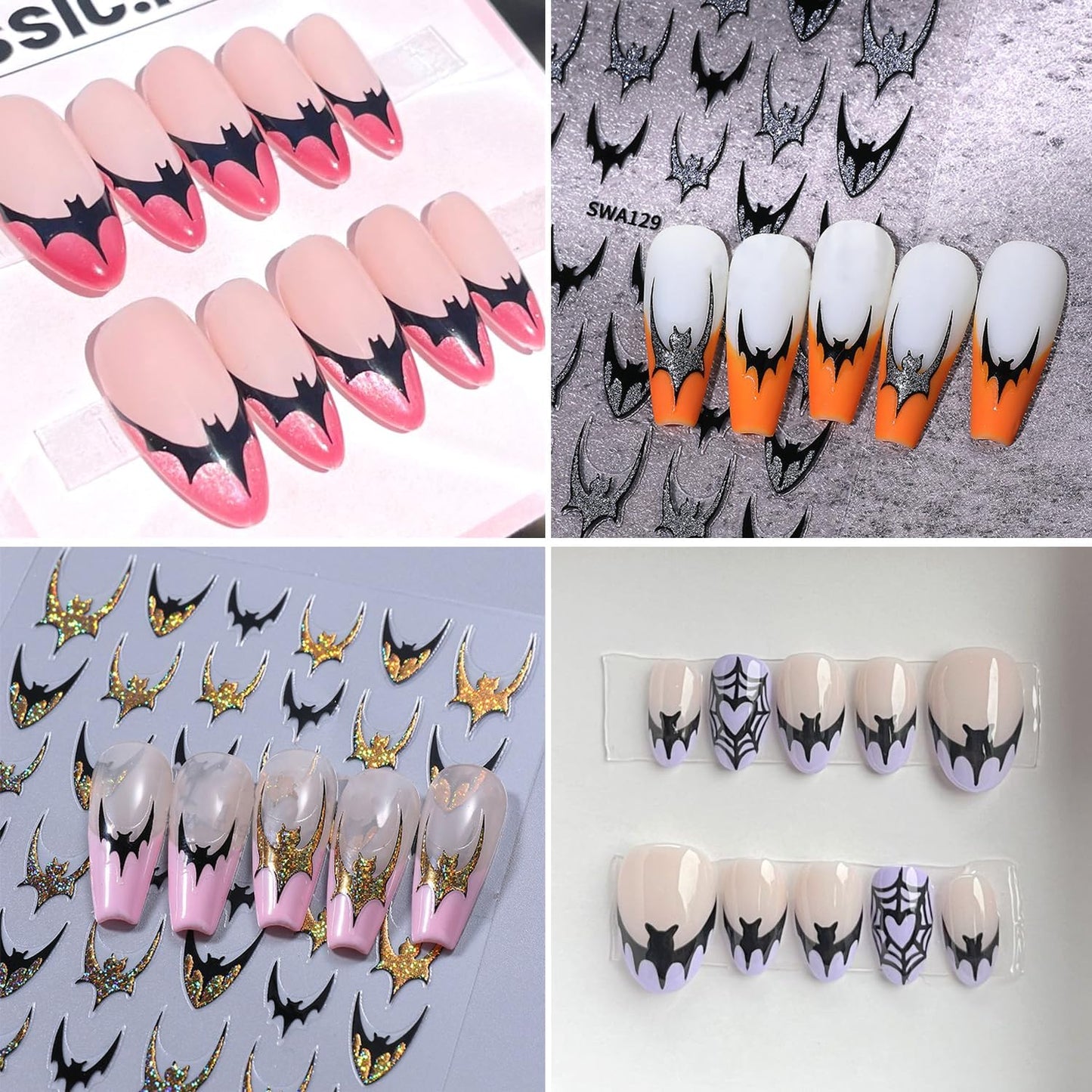 4pcs Halloween Bat Nails Art Stickers Glitter Holographic Gold Silver French Bat Design Adhesive Nail Decals Sliders Halloween French Sticker for Nails Supplies Accessories Y2K Manicure Decor-Velvo Beauty