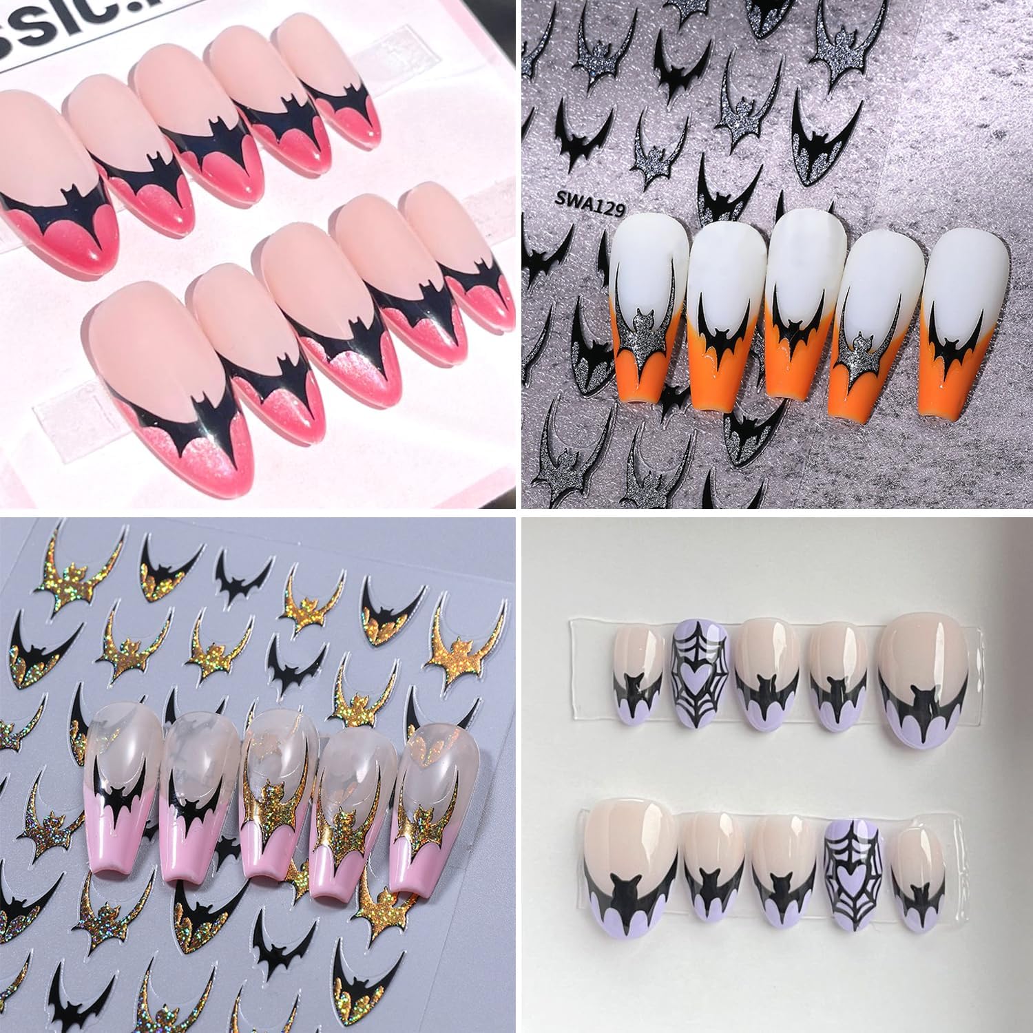 4pcs Halloween Bat Nails Art Stickers Glitter Holographic Gold Silver French Bat Design Adhesive Nail Decals Sliders Halloween French Sticker for Nails Supplies Accessories Y2K Manicure Decor-Velvo Beauty