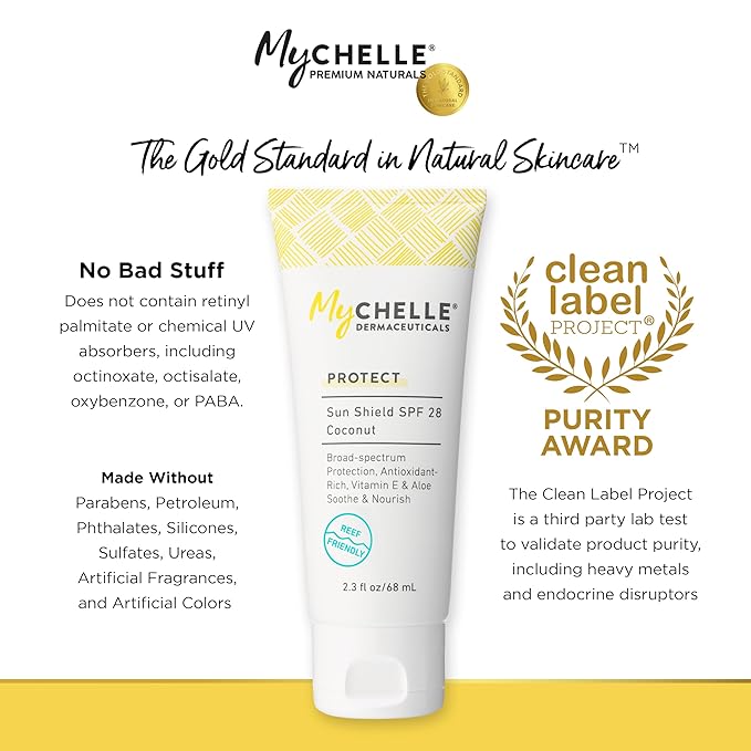 MyCHELLE Dermaceuticals Sun Shield SPF 28 Coconut (2.3 Fl Oz) - Soothing Reef Safe Sunscreen with Vitamin E and Aloe - Travel Size Zinc Sunscreen for Face and Body-Velvo Beauty