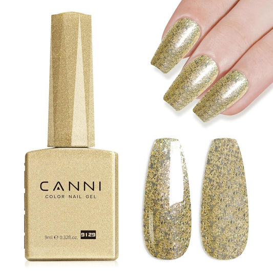 CANNI Gold Glitter Gel Polish – 9ML Chunky Sparkly Soak-Off UV/LED Nail Gel, Golden Flakes Finish for DIY Manicure, French Tips, or Salon Use-Velvo Beauty