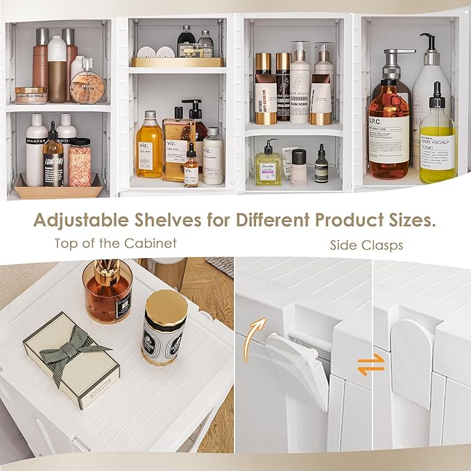 VECELO 4-Tier Plastic Tall Narrow Storage Cabinet with Movable Wheels, Adjustable Shelves, Magnetic Doors, Slim Bathroom Organizers and Storage for Small Space, Bathroom, Kitchen, Laundry, White-Velvo Beauty