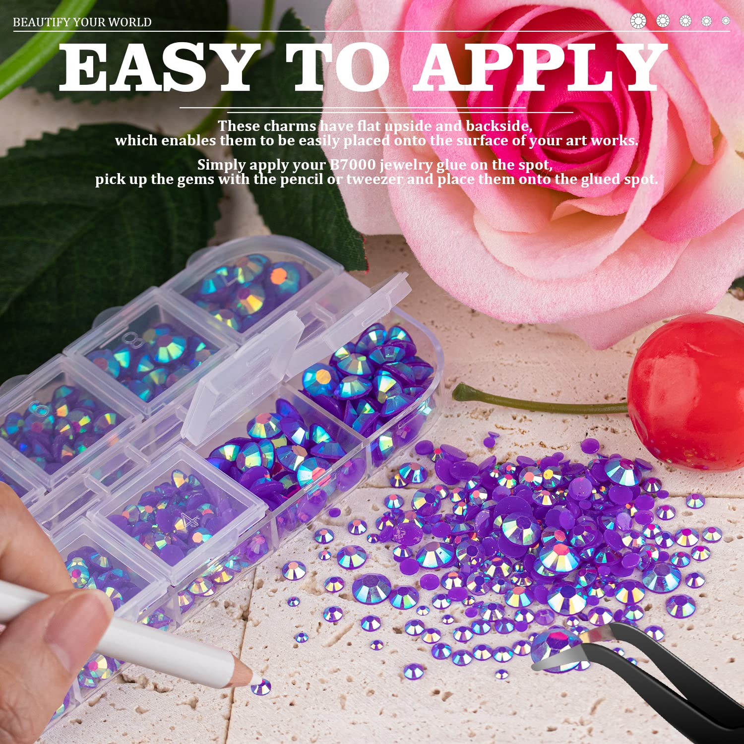 7000PCS Resin Rhinestones with Tweezers for Crafting, 2/3/4/5/6mm Flatback Jelly Rhinestones, 4 Box Dark Purple AB Non Hotfix Crystal Gems for DIY Crafts Mugs Tumblers Clothes Makeup Nail-Velvo Beauty