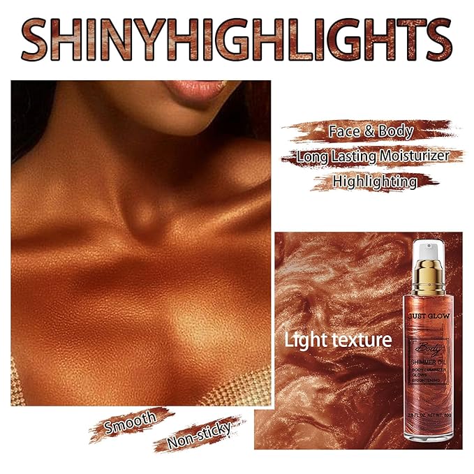 Shimmer Body Oil, Face and Body Liquid Luminizer Waterproof Moisturizing, Light Shimmer Glow Illuminator, Smooth Body Highlighter Makeup Liquid Body Shimmer (3# Bronze Gold)-Velvo Beauty
