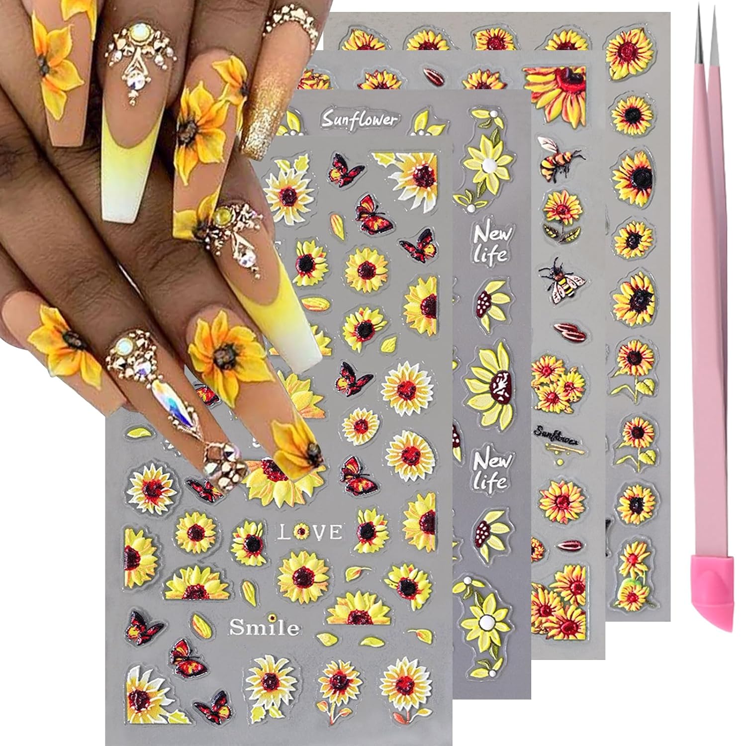 4 Sheets 5D Flower Nail Art Stickers Embossed Nail Decals Autumn Nails Art Design 3D Self-Adhesive Sunflowers Yellow Flower Nails Stickers for Women DIY Decoration-Velvo Beauty