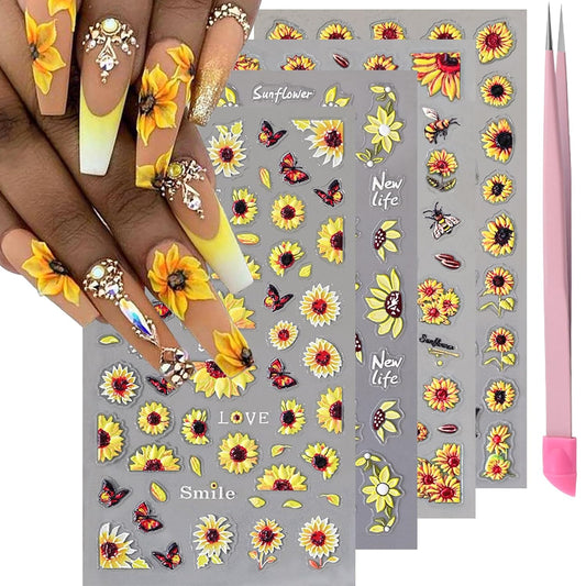 4 Sheets 5D Flower Nail Art Stickers Embossed Nail Decals Autumn Nails Art Design 3D Self-Adhesive Sunflowers Yellow Flower Nails Stickers for Women DIY Decoration-Velvo Beauty