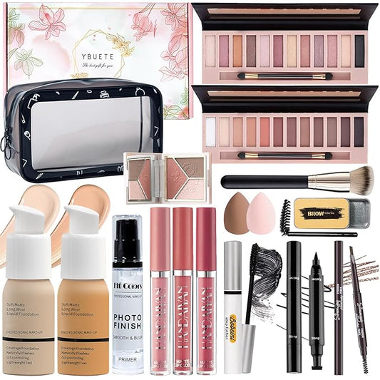 Makeup Set Kit for Women Full Kit, Makeup Present for Women Teen Girl, Eyeshadow Foundation Face Primer Brush 3 in 1 Palette Lip Gloss, Eyebrow Soap Mascara Eyeliner cosmetic bag-Velvo Beauty