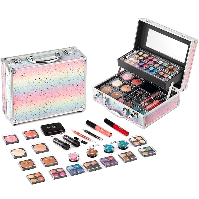 Hot Sugar Makeup Kit for Women Full Kit Teen Girls Starter Cosmetic Gift Set with Beautiful Rainbow Train Case Includes Pigmented Eyeshadow Palette Blush Lipstick Lip Pencil Eye Pencil (Rainbow)-Velvo Beauty