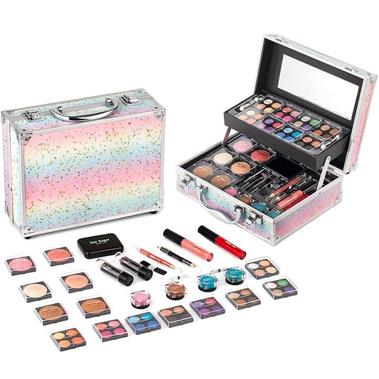 Hot Sugar Makeup Kit for Women Full Kit Teen Girls Starter Cosmetic Gift Set with Beautiful Rainbow Train Case Includes Pigmented Eyeshadow Palette Blush Lipstick Lip Pencil Eye Pencil (Rainbow)-Velvo Beauty