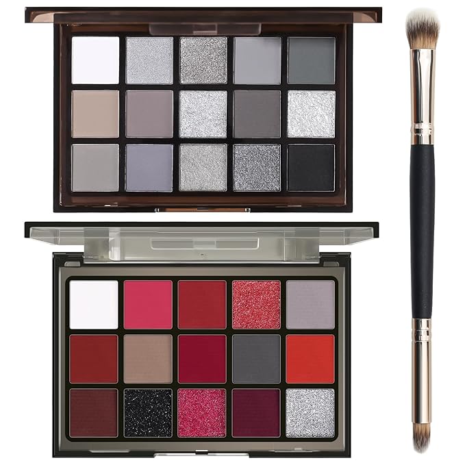 UCANBE 2pcs Halloween Eyeshadow Palette Makeup Set, Black Red Colors Shimmer Matte Metallic Smokey Dark Eye Shadow Pallet with Soft Brush Kit, Goth Eye Make Up for Costume Joker Clown Vampire-Velvo Beauty