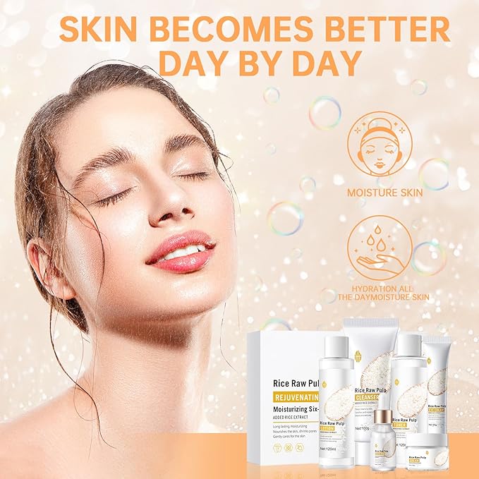 Rice Deep Nourishing Facial Care Set, 6Pcs Face Care Set for Women, Skin Care Set Includes Facial Cleanser, Toner, Lotion, Essence, Cream and Eye Cream.-Velvo Beauty
