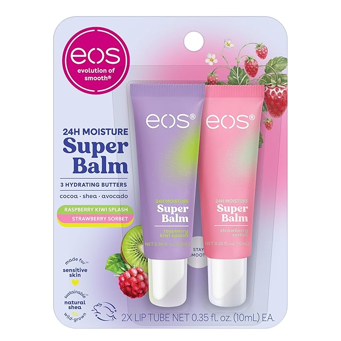 eos 24H Moisture Super Balm- Raspberry Kiwi Splash & Strawberry Sorbet, Lip Mask, Day or Night Lip Treatment, Made for Sensitive Skin, 0.35 fl oz, 2-Pack-Velvo Beauty