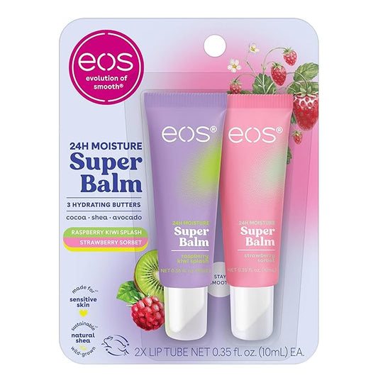eos 24H Moisture Super Balm- Raspberry Kiwi Splash & Strawberry Sorbet, Lip Mask, Day or Night Lip Treatment, Made for Sensitive Skin, 0.35 fl oz, 2-Pack-Velvo Beauty