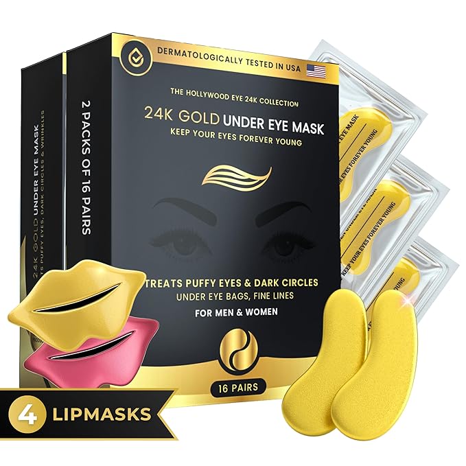 32 Pairs 24K Gold Under Eye Patches with 4 pieces of Lip Mask, Anti-Aging Eye Mask, Under Eye Mask Dark Circles and Puffiness, Wrinkles Patches with Hydrogel, Collagen Eye Pad-Velvo Beauty