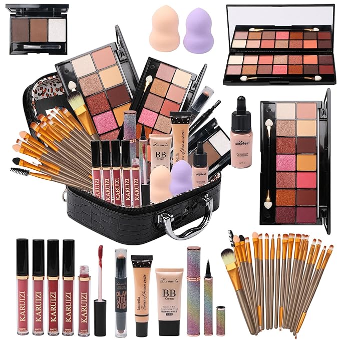 All in One Makeup Kit for Makeup storage bag 2X14 Colors Eyeshadow Palette Liquid Foundation Eyeliner Pencils Contouring Stick Lip Gloss Eyebrow Pencils 20Pcs Makeup Brushes etc For Women Girls Teens (Black)-Velvo Beauty