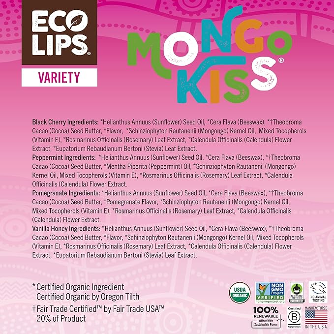 Eco Lips Mongo Kiss Organic Lip Balm 4 Pack Peppermint, Pomegranate, Vanilla Honey, Black Cherry - 100 Percent USDA Organic - Soothe, Moisturize Dry, Cracked and Chapped Lips - Made in USA-Velvo Beauty