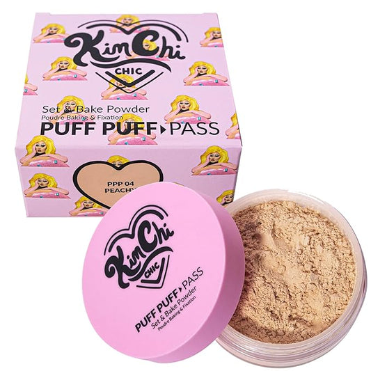 Kimchi Chic Beauty Puff Puff Pass Set and Bake Powder, Loose Face Powder with Extra Fluffy Setting Powder Puff, Soft Peach Face Makeup for Uneven Skin Tone, 04 Peachy-Velvo Beauty