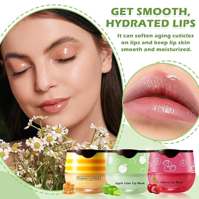 Honey Pot Lip Balm,3PCS Bee Lip Balm Honey Pot Cherry Apple Lip Scrub,Fade Lip Lines Lip Mask Overnight Prevention Dry and Cracked Lip Sleeping Mask (Honey+Apple+Cherry)-Velvo Beauty