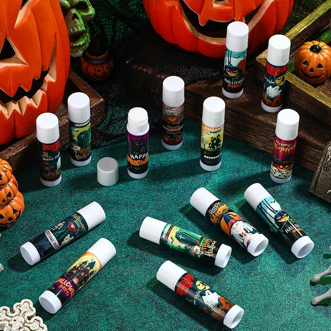 Dunzy 50 Pcs Halloween Lip Balm Bulk Spooky Lip Balm Gifts Bulk Vintage Halloween Wedding Favors Halloween Stuffers for Adults Halloween Party Supplies for Baby Shower, 10 Style, 5 Fruit Flavors-Velvo Beauty