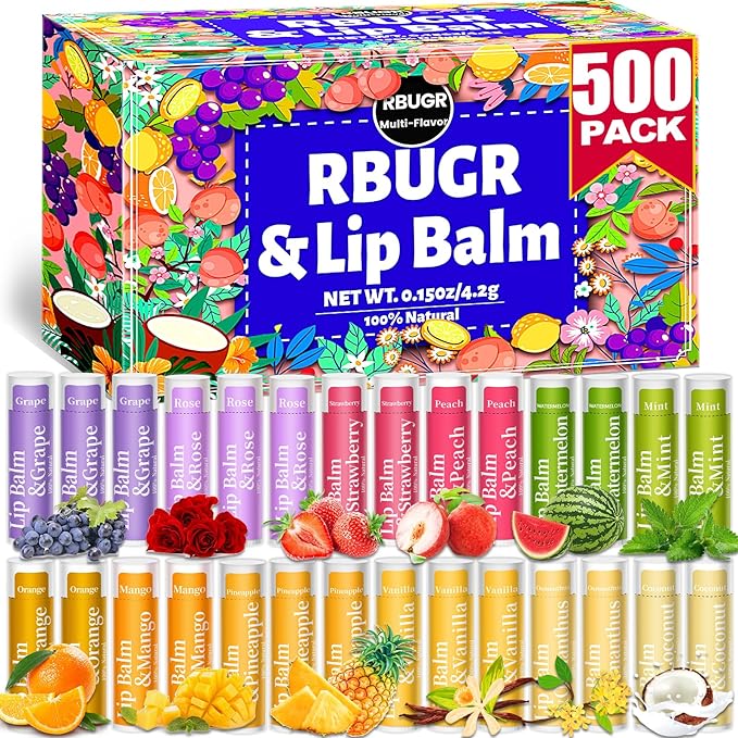 500 Pcs Lip Balm Bulk, 12 Flavored Organic Natural Lip Balms for Gifts Party Favors, Moisturizing Bulk Lip Balms for Dry Cracked Lips, Bulk Lip Balm with Vitamin E and Coconut Oil (4.2g/0.15oz)-Velvo Beauty