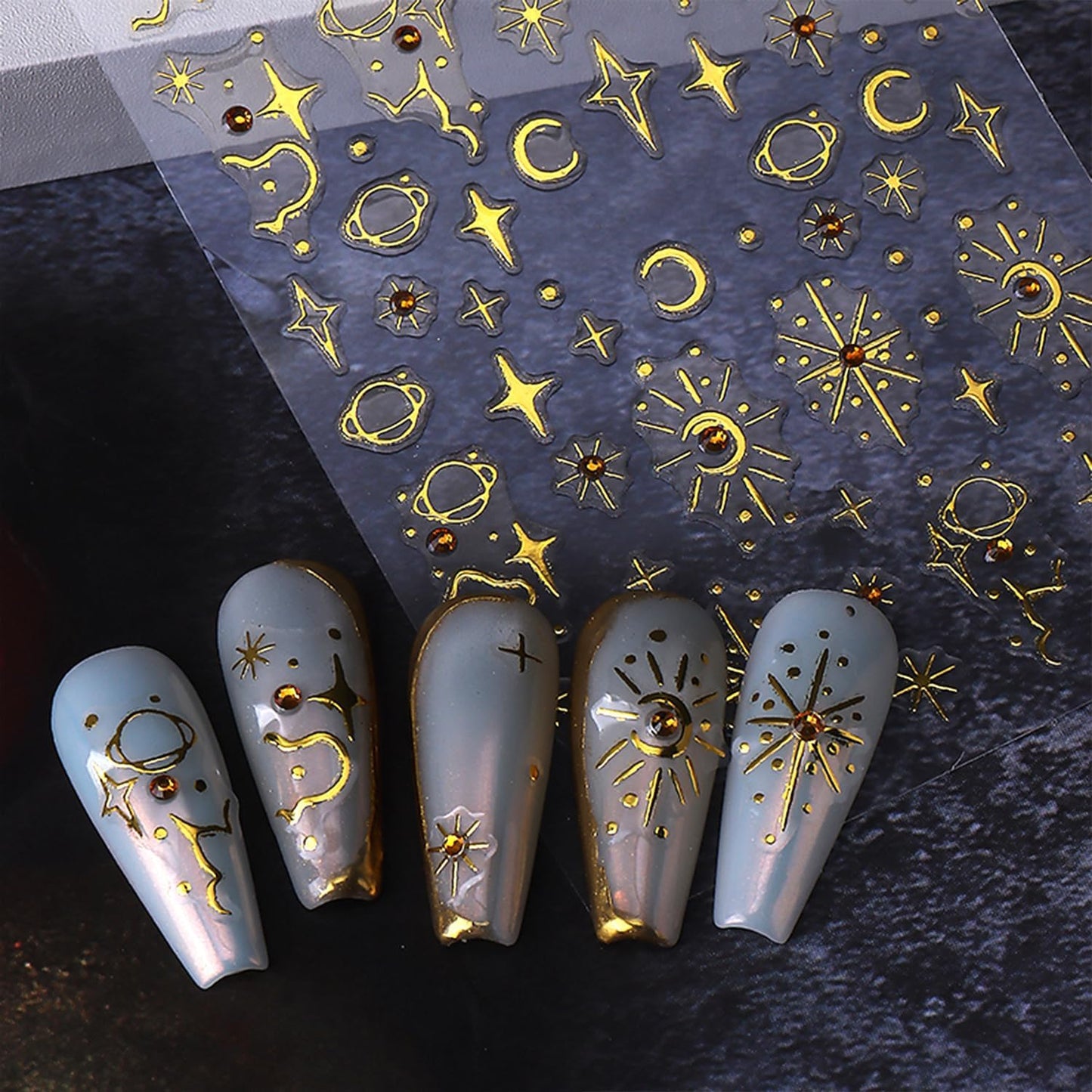 5 Sheets Metallic Gold Nail Art Stickers 3D Self-Adhesive Nails Stickers Bohemian Sun Moon Hexagram 3D Decal Supplies Women DIY Gold Metal Nail Art Decoration-Velvo Beauty