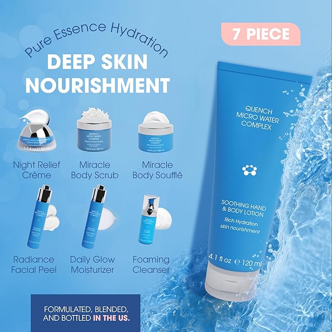 Quench 7 Piece Skincare Set - Japanese Onsen Volcanic Hydration and Anti Aging Skin Care Set with Cleanser, Facial Peel, Moisturizer, Night Cream-Velvo Beauty