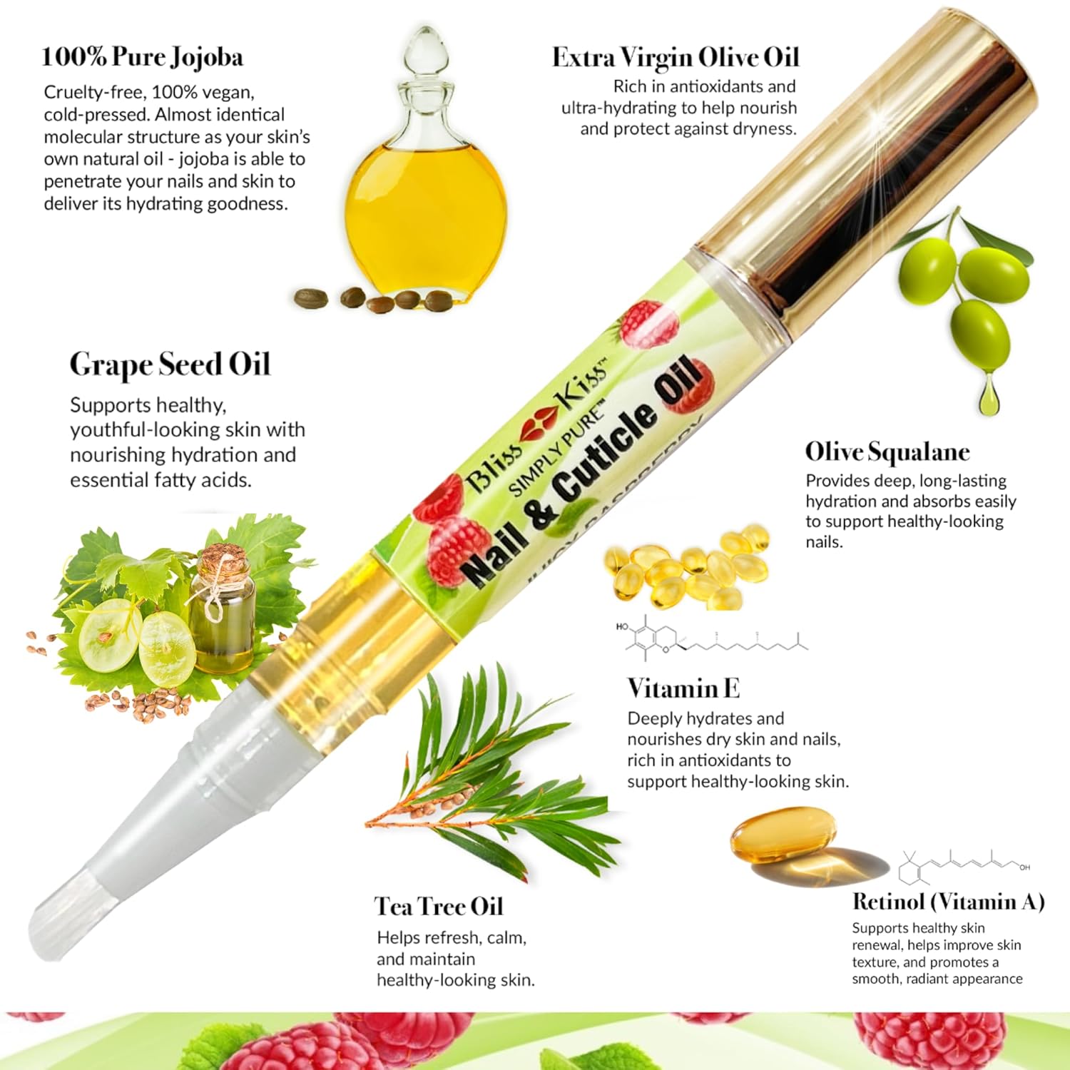 Bliss Kiss | 4 Juicy Raspberry | Oil Cuticle Pen w/Vitamin E & Jojoba⏤Nail Strengthener Nail Growth Serum for Brittle Peeling Breaking Thin Nails-Velvo Beauty