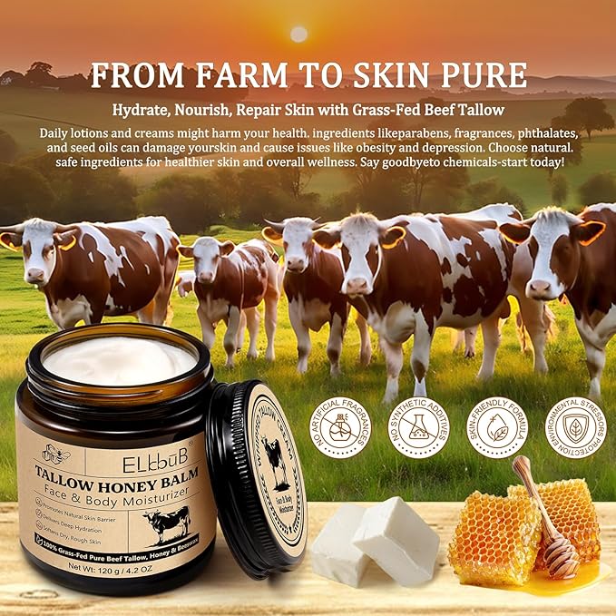 Whipped Tallow Cream for Face & Body - 100% Grass-Fed Beef Tallow, Natural Honey & Beeswax Moisturizer, Deep Hydration & Nourishment, Oil-Free & Unscented, Fast Absorbing-Velvo Beauty