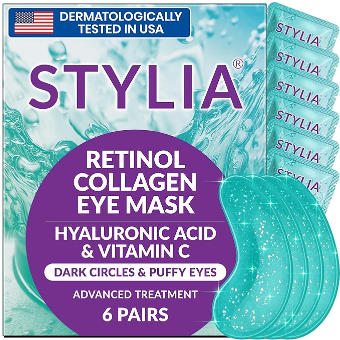 Stylia Under Eye Patches for Puffy Eyes and Dark Circles (6 Pairs) - Marine Collagen Under Eye Mask with Retinol, Vitamin C, Hyaluronic Acid, Pearl Extract - Eye Masks for Dark Circles and Puffiness-Velvo Beauty