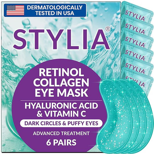 Stylia Under Eye Patches for Puffy Eyes and Dark Circles (6 Pairs) - Marine Collagen Under Eye Mask with Retinol, Vitamin C, Hyaluronic Acid, Pearl Extract - Eye Masks for Dark Circles and Puffiness-Velvo Beauty