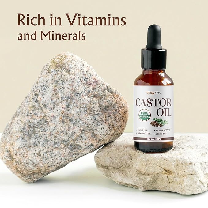 Organic Castor Oil (4oz) - 100% Pure Natural Cold-Pressed Hexane-Free USDA Certified - Glass Bottle - Hair Growth Oil for Scalp Eyelashes Face Skin - Dry Skin Moisturizer Natural Hair Care-Velvo Beauty