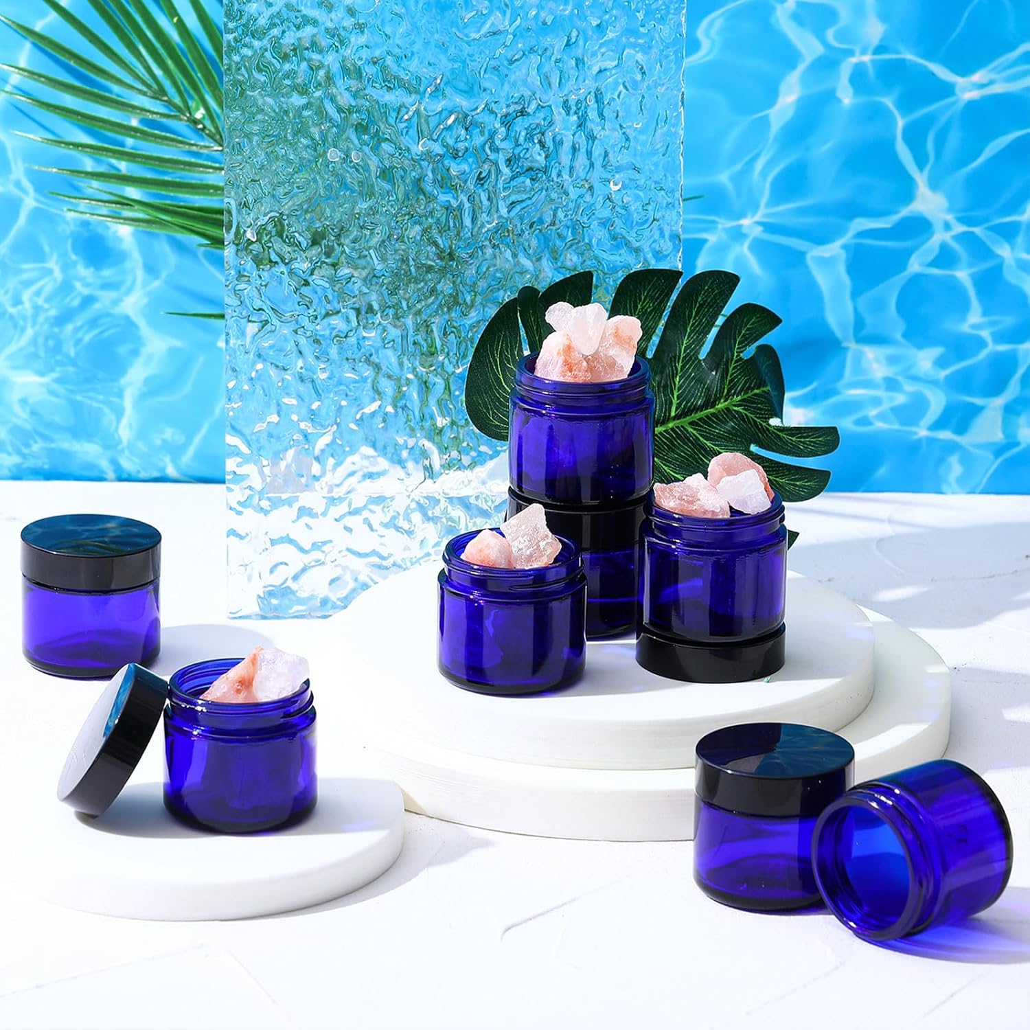 Domensi 48 Pcs 2 oz Glass Jars with Lids Travel Size Round Leakproof Empty Cosmetic Jars with Inner Liners Lid for Storing Makeup Lotions Face Cream Ointments Candle DIY Making (Cobalt Blue)-Velvo Beauty