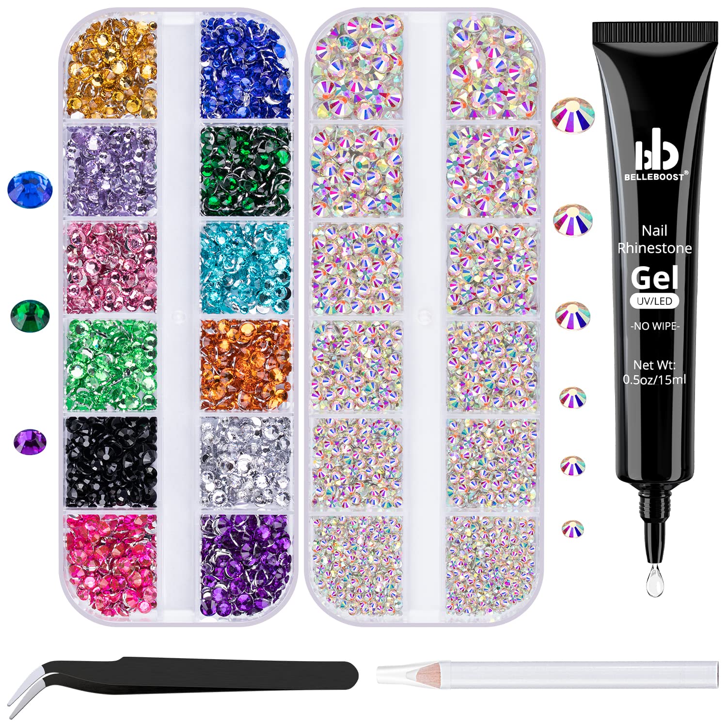 Nail Art Rhinestone Glue Gel&2 Boxes Flatback Gems Kit, 1 Tube of 15ml Rhinestone Gel Glue(UV/LED Needed)+Colorful Gems+Flat-Back Round Glass Crystal AB Gemstones with Pickup Tools-Velvo Beauty