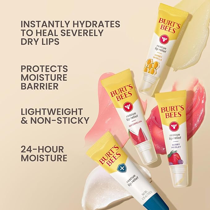 Burt's Bees Rescue Lip Relief, Berry Medley, Hydrating Lip Balm for Dry Cracked Lips, with Responsbily Sourced Beeswax and Shea Butter, 100% Natural Origin, 1 Squeezy Tube, 0.35oz-Velvo Beauty