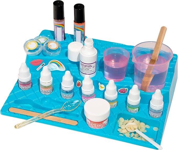 Thames & Kosmos Yummy Rainbow Lip Balm Lab STEM Kit | Make Lip Balms, Glosses | Strawberry, Grape, Banana Flavors & Cosmetic Jars | Chemistry & Biology of Skin Care | 2-Language (EN/FR)-Velvo Beauty