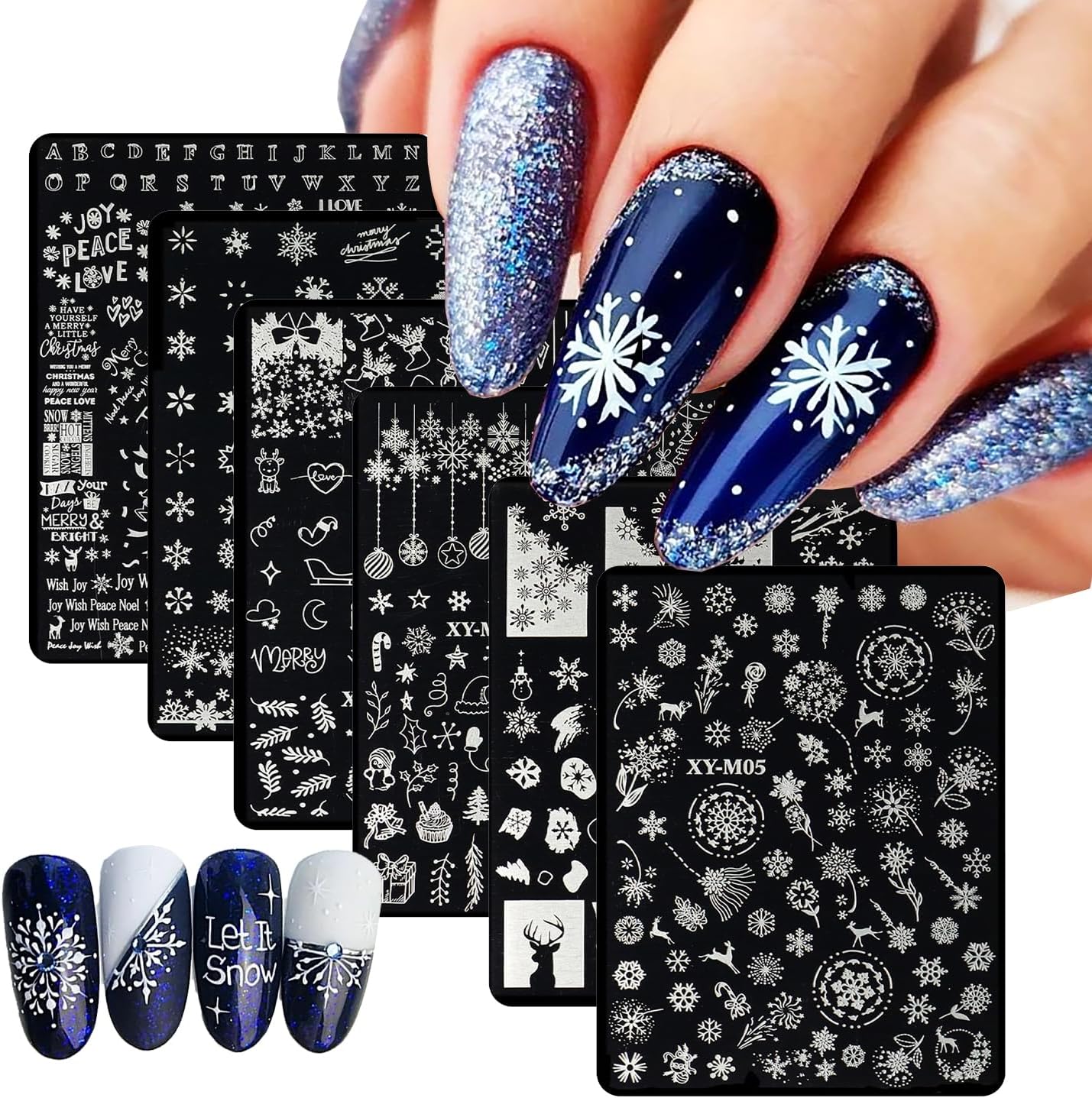 6Pcs Christmas Stamping Plates Set Winter Nail Stamp Kit Xmas Art Image Plates With Snowflakes Tree Bell Snowman Elk Designs DIY Stainless Steel Polish Template-Velvo Beauty