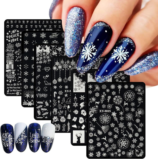 6Pcs Christmas Stamping Plates Set Winter Nail Stamp Kit Xmas Art Image Plates With Snowflakes Tree Bell Snowman Elk Designs DIY Stainless Steel Polish Template-Velvo Beauty
