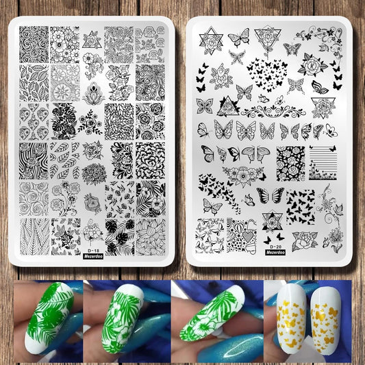 2Pcs Butterfly Rose Steel Nail Stamping Plates Flower Leaf Image Geometric Polish Stencil Accessories Tool 14.5×9.5cm Big Size Nail Art Template-Velvo Beauty