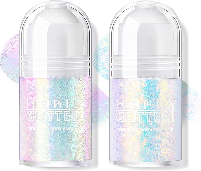 2 Colors Roll-on Body Glitter Gel, Holographic Glitter Gel Under Light for Face Hair, Body Shimmer for Rave Accessories Christmas New Year Halloween Makeup (8+12)-Velvo Beauty