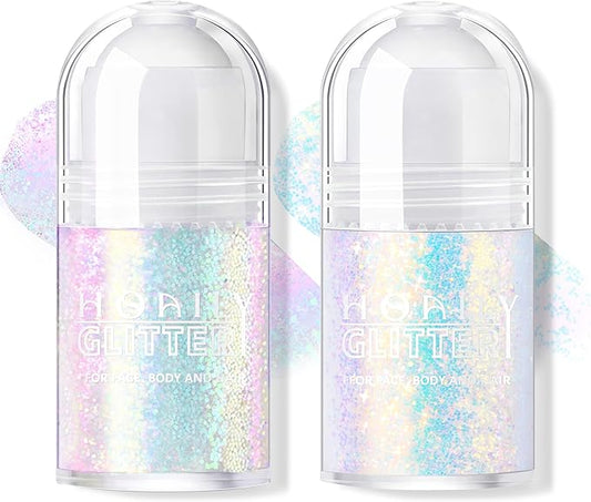 2 Colors Roll-on Body Glitter Gel, Holographic Glitter Gel Under Light for Face Hair, Body Shimmer for Rave Accessories Christmas New Year Halloween Makeup (8+12)-Velvo Beauty