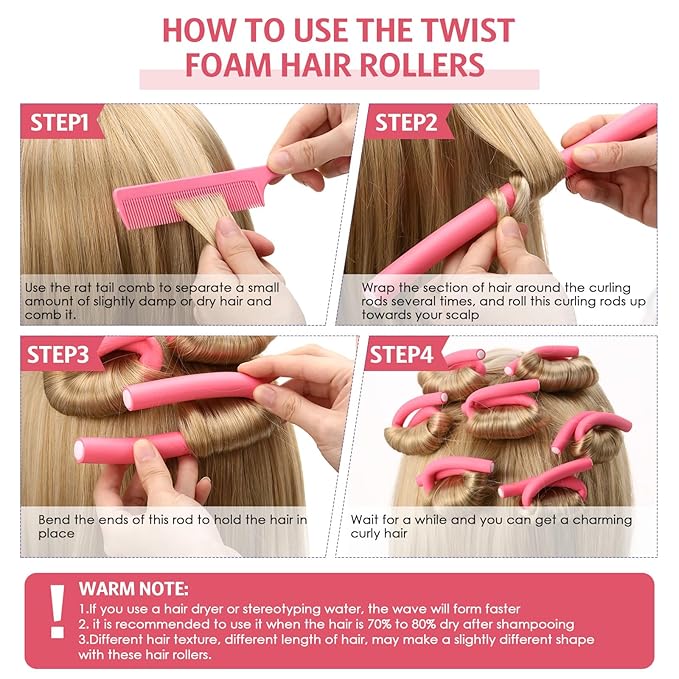 Syhood 30 Pcs 7'' Flexible Curling Rods Twist Foam Hair Rollers Soft Foam No Heat Hair Rods Rollers and 1 Steel Pintail Comb Rat Tail Comb for Women Long Short Hair(Pink,7 x 0.55 Inch)-Velvo Beauty