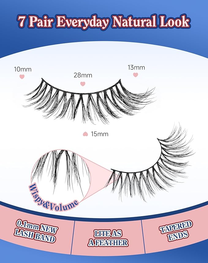 Wispy Lashes Natural Look Flared Strip False Eyelashes Round Eye Lash Soft False Mink Eyelash Fluffy Pack 7 Pairs 15MM D80-Velvo Beauty