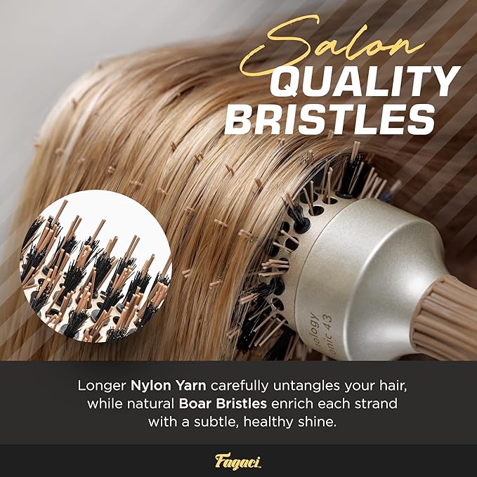 Fagaci Professional Round Brush with Natural Boar Bristle for Blow Drying, Nano Technology Ceramic + Ionic for Voluminous Healthy Hair Styling | Includes 4 Styling Clips-Velvo Beauty