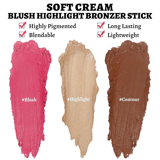 3Pcs Multi-Use Face Makeup Sticks Sets, Blendable Cream Blush Stick For Cheeks Lips, Highlighter Contour Shading Sticks Moisturizer Make Up Sets For Women (01)-Velvo Beauty