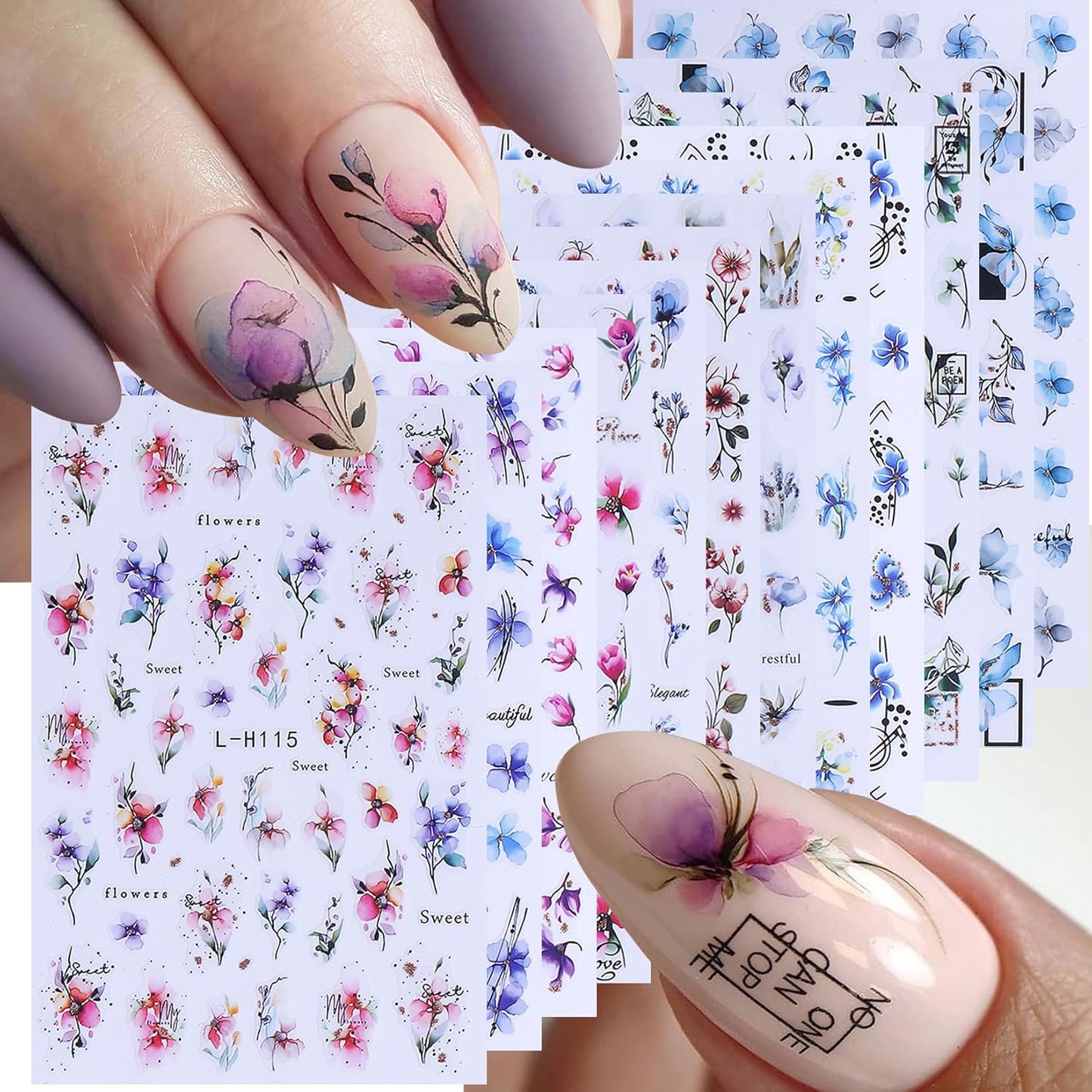 Ink Flower Nail Art Stickers 12 Sheets 3D Self-Adhesive Nail Decals with Tweezers Watercolor Floral Leaves Stickers Charming Blossom Flowers Designs Nail Art Supplies Manicure Accessories for Women-Velvo Beauty