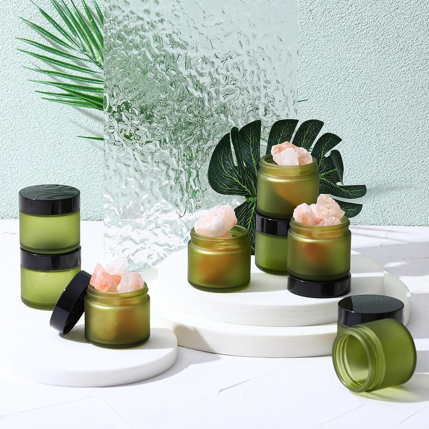 Domensi 48 Pcs 2 oz Glass Jars with Lids Travel Size Round Leakproof Empty Cosmetic Jars with Inner Liners Lid for Storing Makeup Lotions Face Cream Ointments Candle DIY Making (Pea Green)-Velvo Beauty