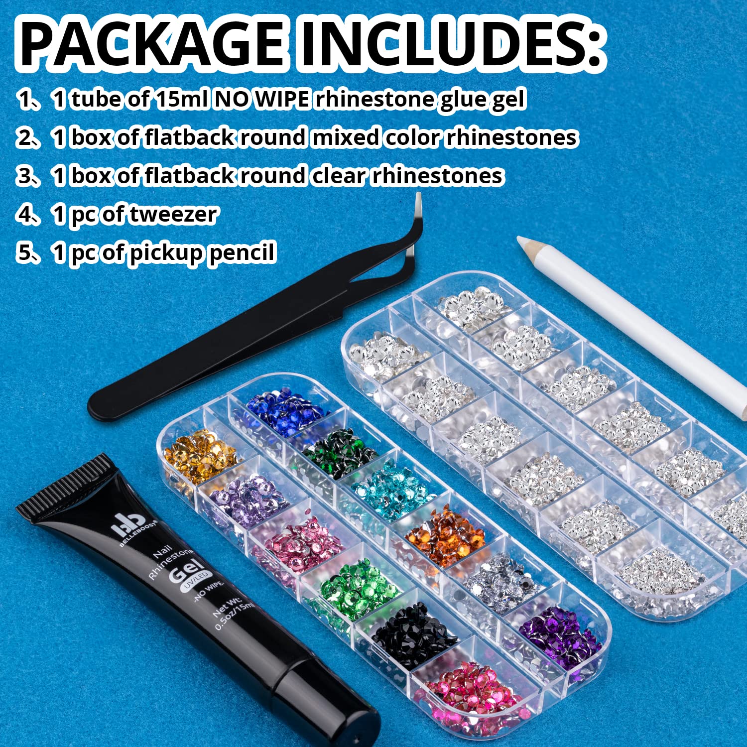 Nail Art Rhinestone Glue Gel&2 Boxes Flatback Gems Kit, 1 Tube of 15ml Rhinestone Gel Glue(UV/LED Needed)+Colorful Gems+Flat-Back Round Glass Crystal Clear Gemstones with Pickup Tools-Velvo Beauty