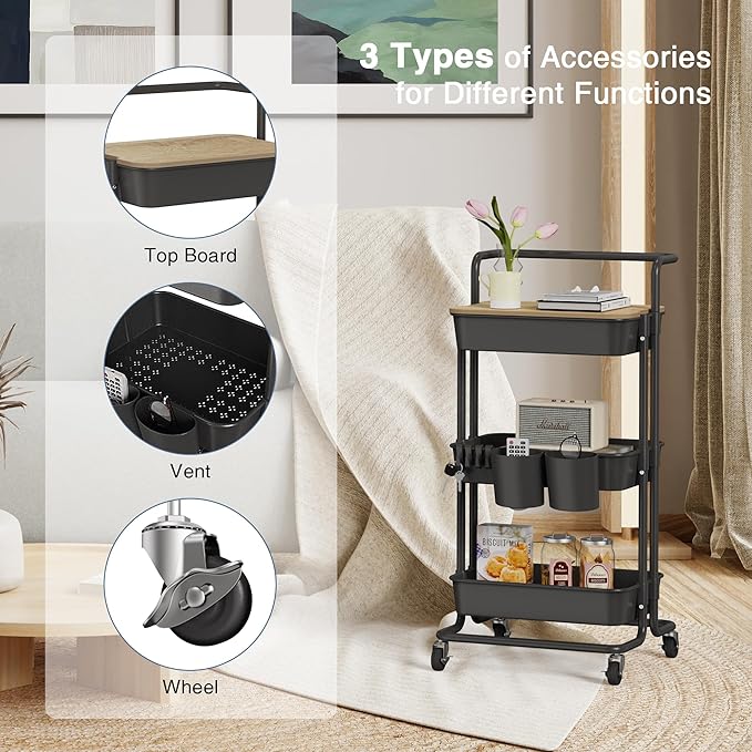DTK 3 Tier Rolling Cart Uility Cart with Cover Board, Mobile Storage Cart with Wheels, Cups, Hooks for Office Utility Kitchen Bathroom Homeschool Art Craft Postpartum Teacher Cart Organizer(Black)-Velvo Beauty